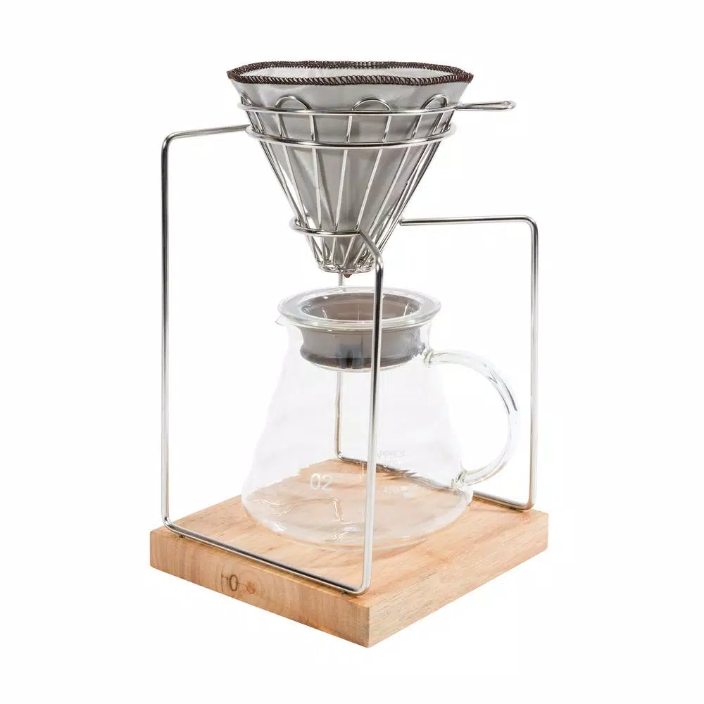 Old Dutch 20oz Stainless Steel Pour Over Coffee Maker Set with Glass Carafe and Rubberwood Base