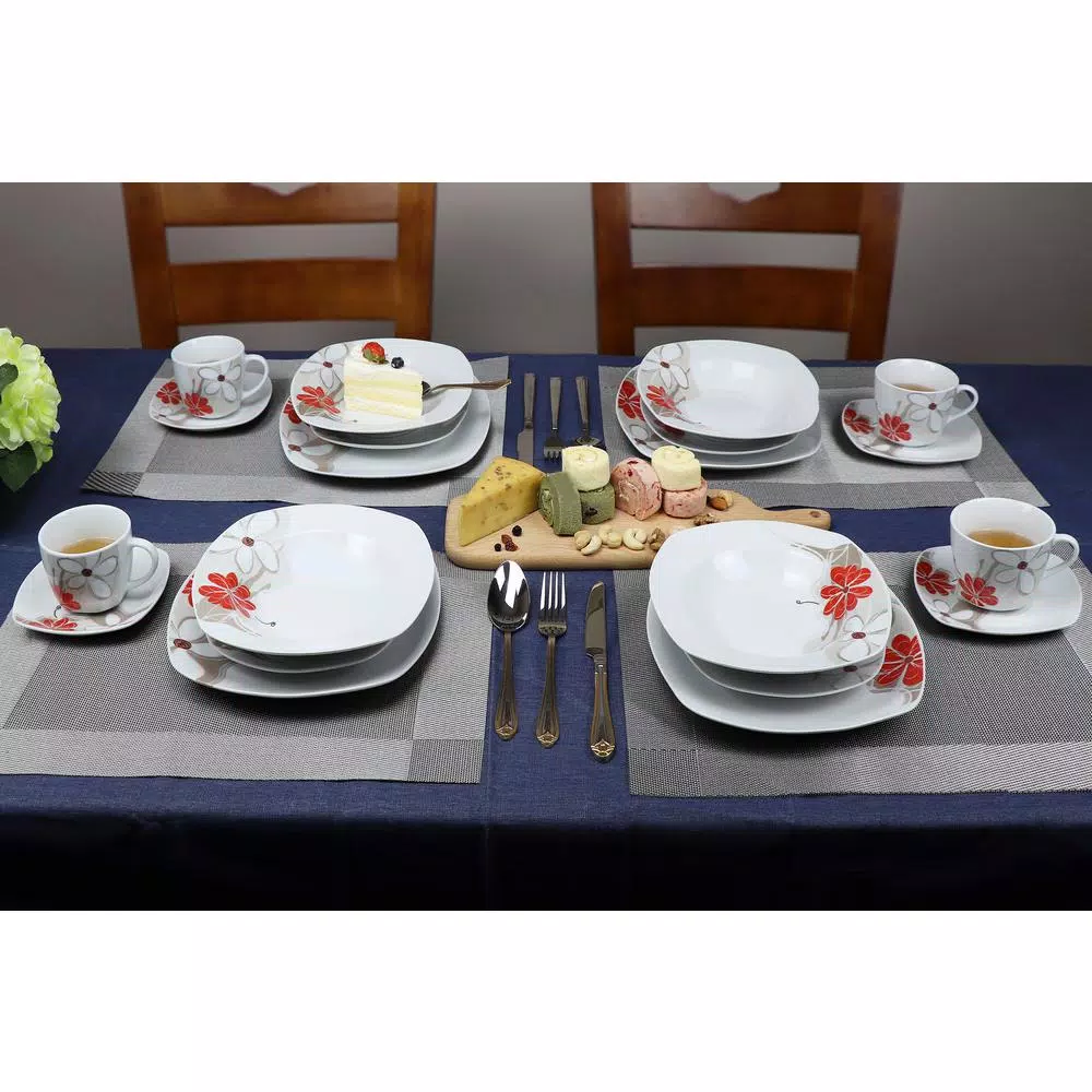 Lorren Home Trends 16-Piece Square Porcelain Dinnerware Set, Red and Tan Floral Design, Service for 4