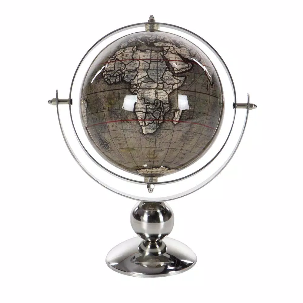 LITTON LANE Modern Reflections 11 in. Decorative Globe with Stainless Steel Stand, Brown and White