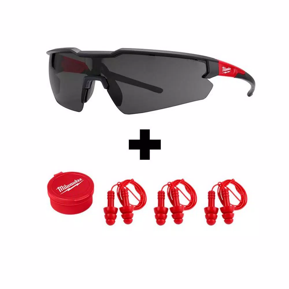 Milwaukee Safety Glasses with Tinted Lenses and Corded Red Reusable Earplugs (4-Piece Set)