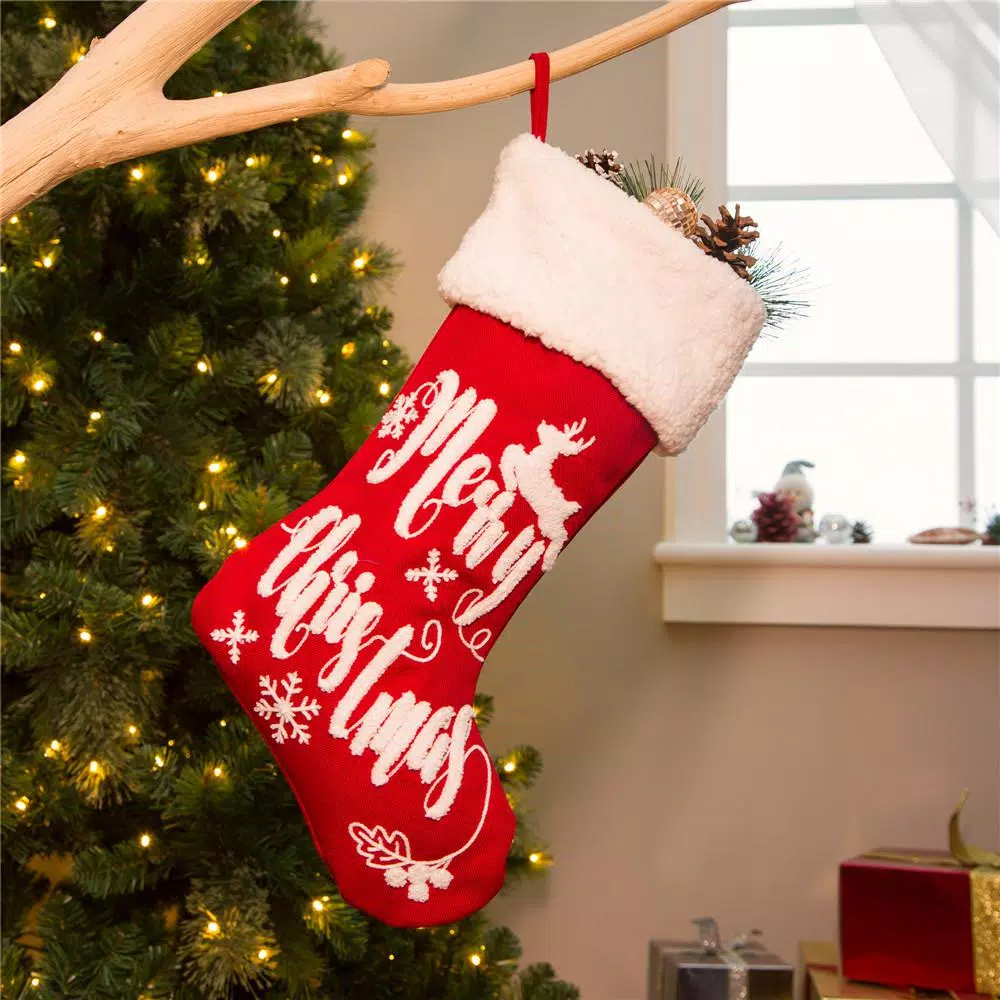 Glitzhome 21 in. Fabric Christmas Stocking with Reindeer and Snowflake Design, Red and White