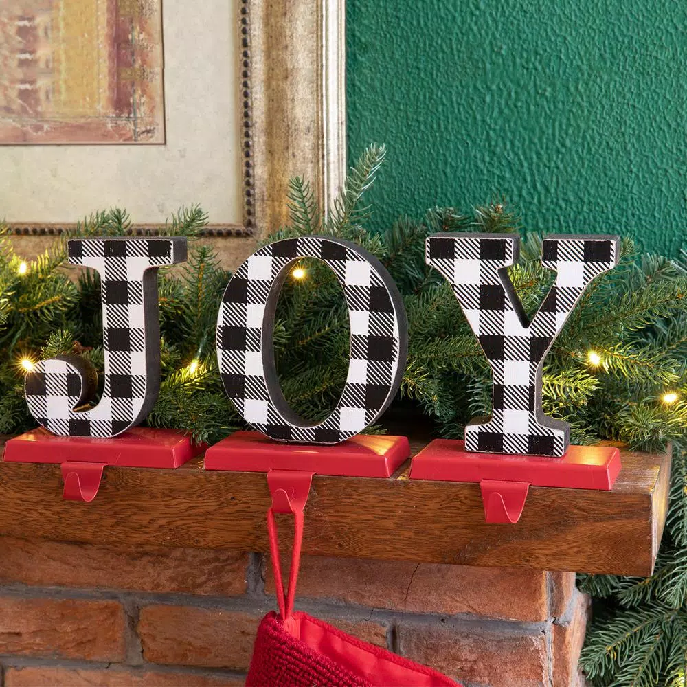 Glitzhome JOY Christmas Stocking Holder Set of 3 - Buffalo Plaid Wood and Metal Decor