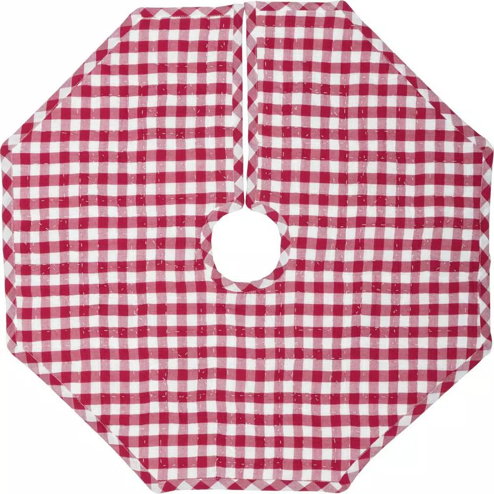 VHC Brands Emmie 21 in. Red Patchwork Christmas Tree Skirt - Hand-Quilted Cotton Farmhouse Decor