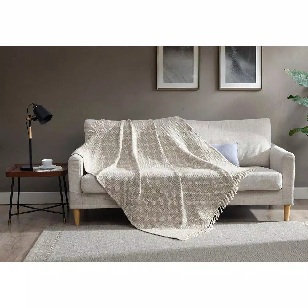 Unbranded MHF Home 50 in. x 60 in. Cotton Blend Taupe Checked Throw Blanket with Tassels