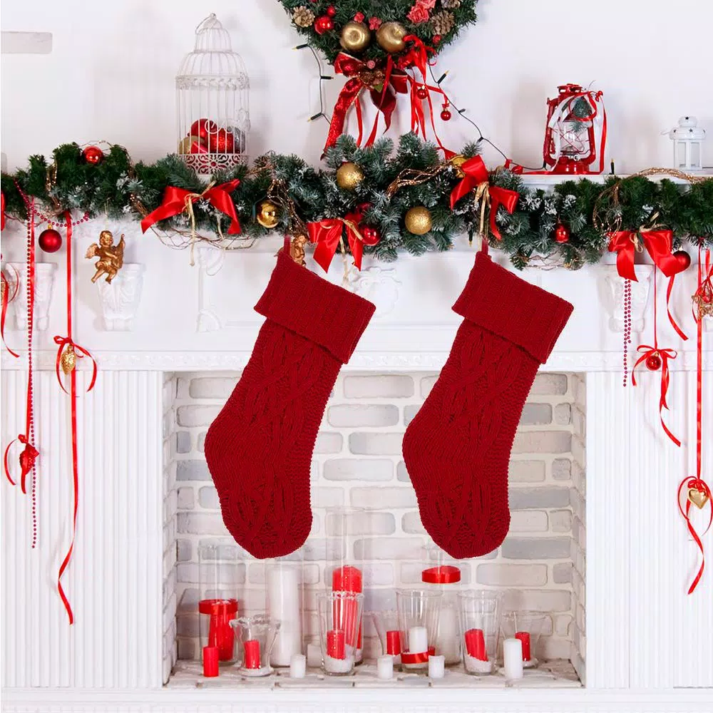 Glitzhome 22 in. Red Knitted Polyester Christmas Stockings, 2-Pack
