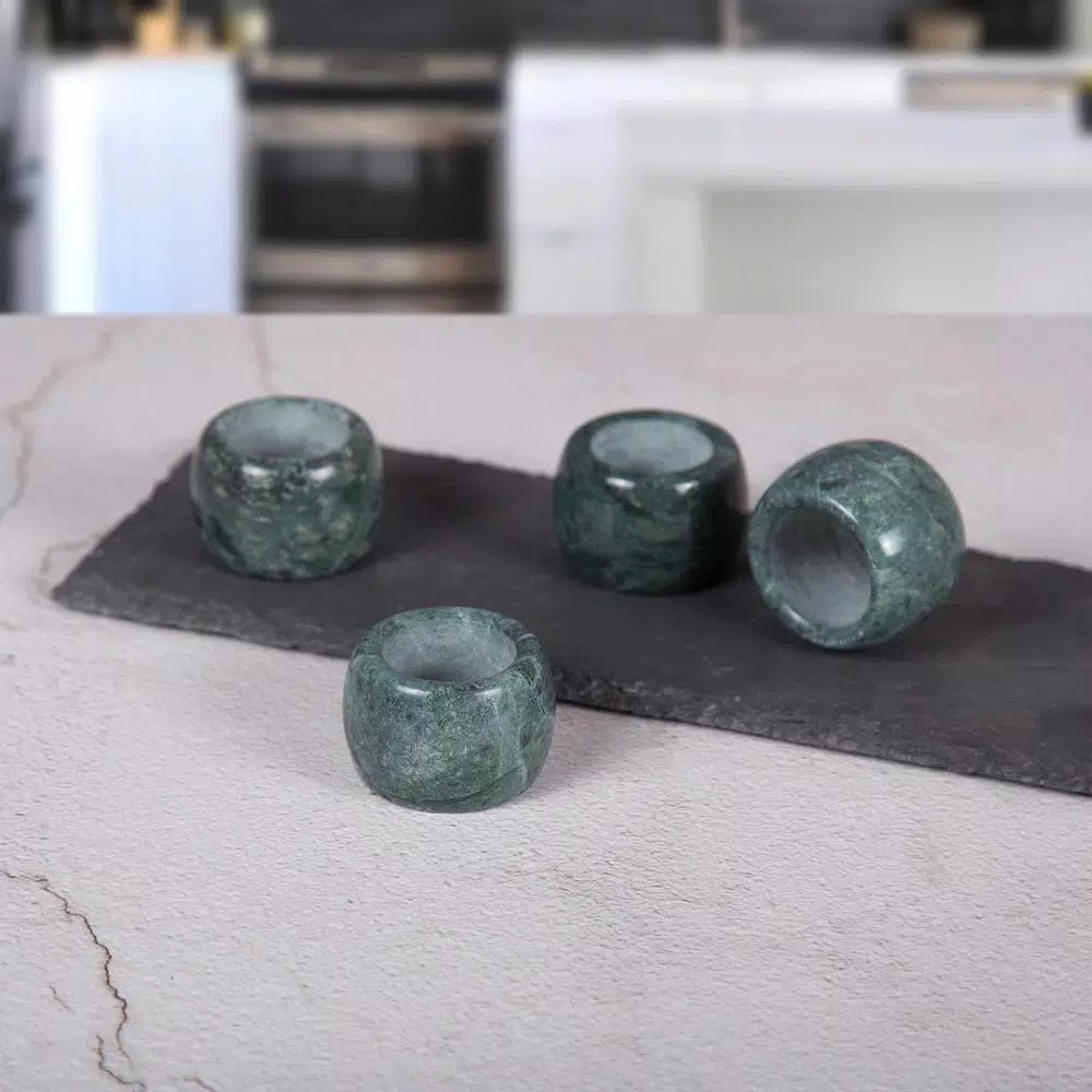 Creative Home Natural Green Marble Napkin Ring Holder Set, Set of 4 for Fine Dining and Weddings