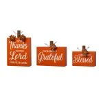 Glitzhome 8.85 in. Fall Wooden Pumpkin Table Decor Set, 3-Pack with Harvest Blessing Words thumbnail 1