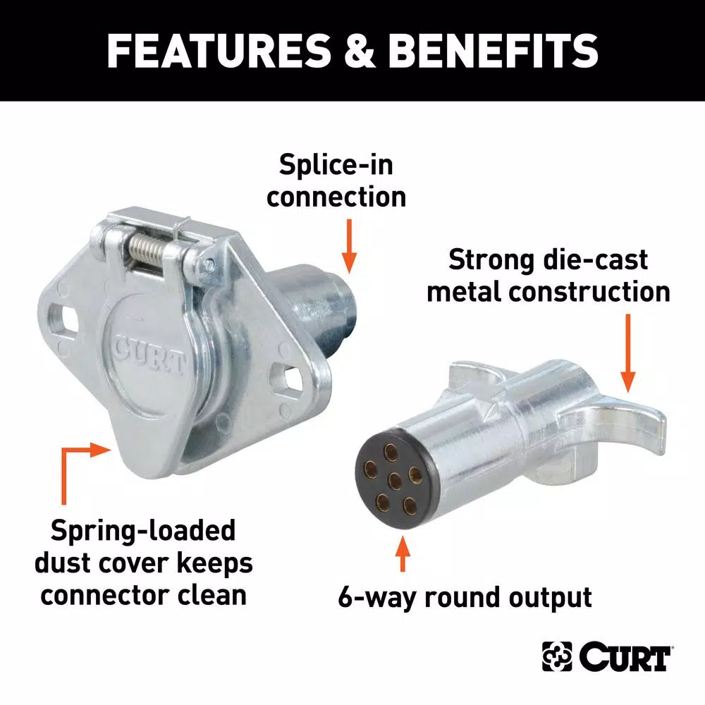 CURT 6-Way Round Trailer Connector Plug & Socket Kit