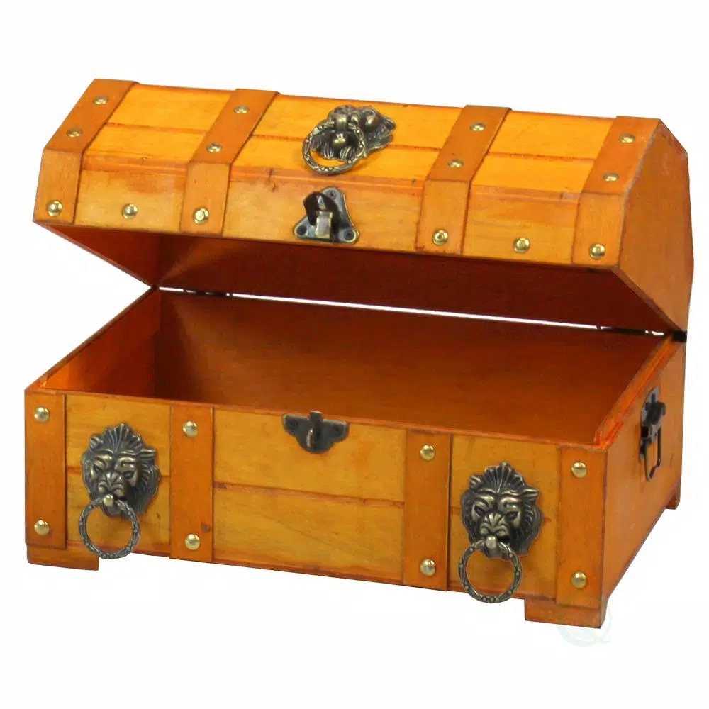 Vintiquewise 12 in. Wooden Pirate Treasure Chest with Lion Ring Handles and Antiqued Hardware
