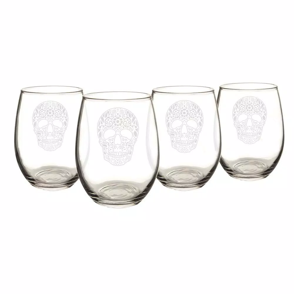 Cathy's Concepts Sugar Skull 21 oz. Stemless Wine Glasses, Set of 4, Clear Glass