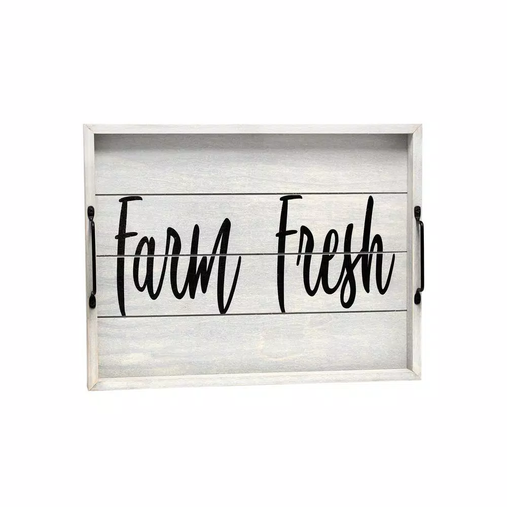 Elegant Designs Farm Fresh Gray Wash Decorative Wood Serving Tray with Black Metal Handles