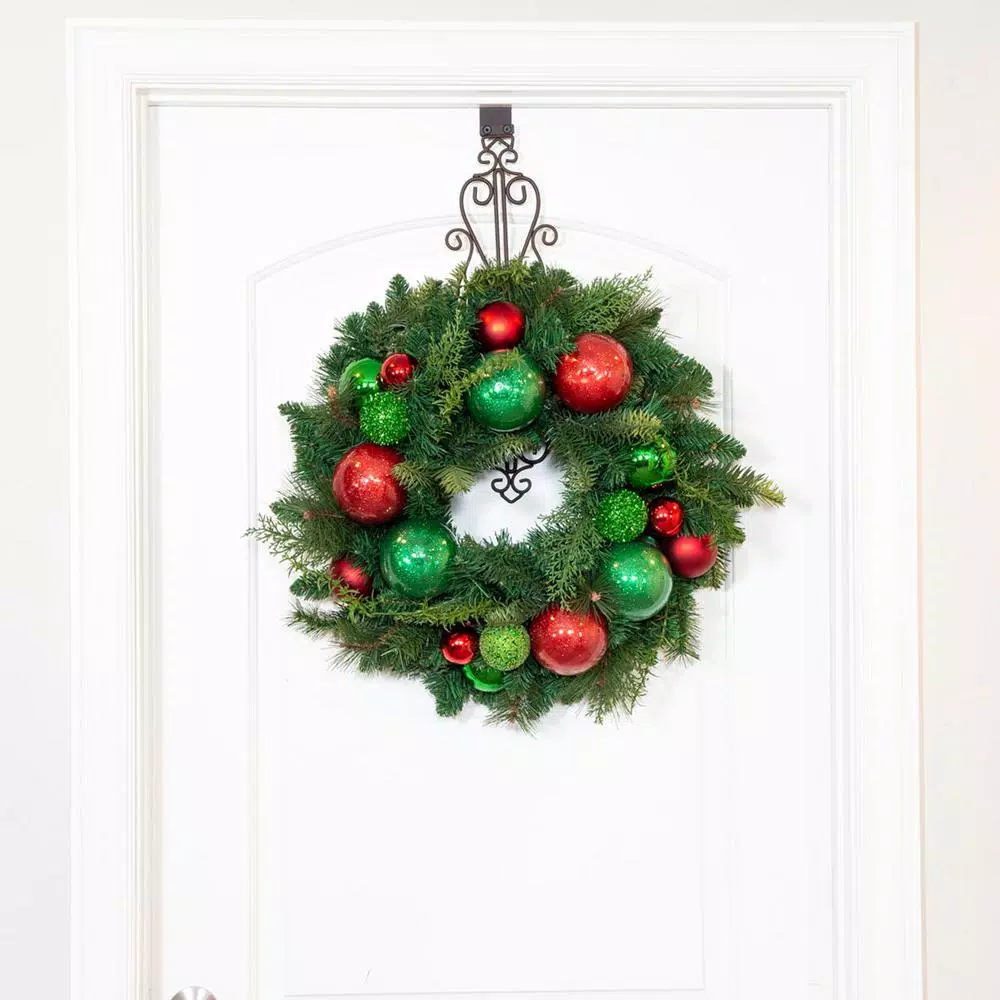 Village Lighting Company 24 in. Red and Green Christmas Cheer Artificial Pine Wreath with Ornaments