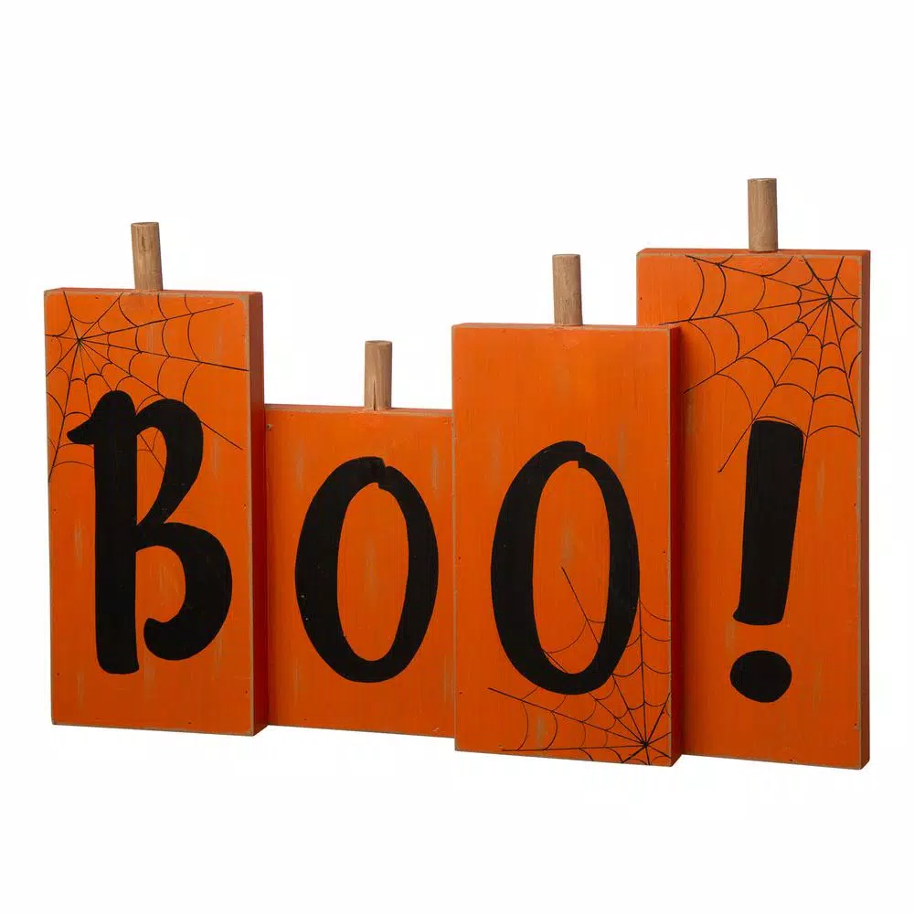 Glitzhome 20 in. Halloween Wooden BOO Standing Decor with Orange Pumpkin Design