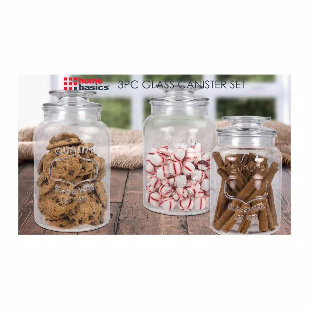 Home Basics 3-Piece Glass Canister Set, 35 oz., 45 oz., and 53 oz. Kitchen Storage Jars