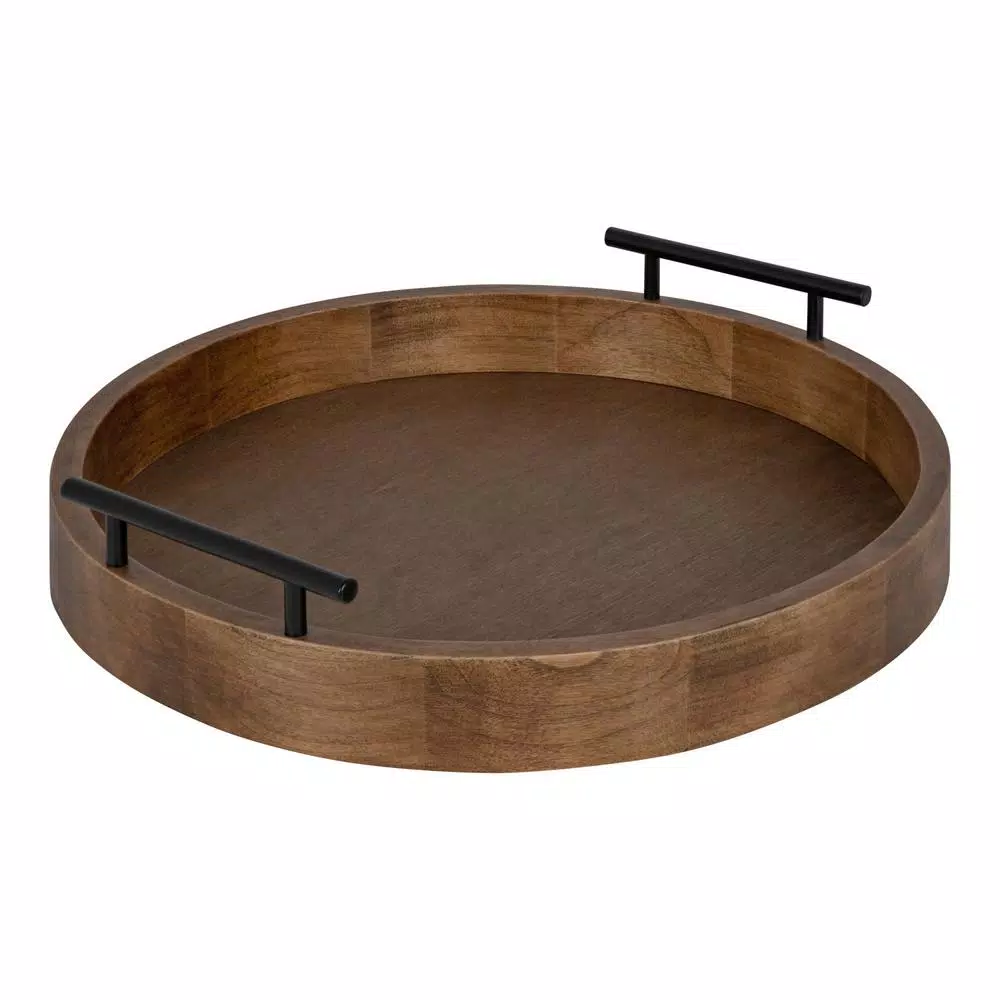 Kate and Laurel Lipton 18 in. Round Natural Wood Decorative Tray with Metal Handles