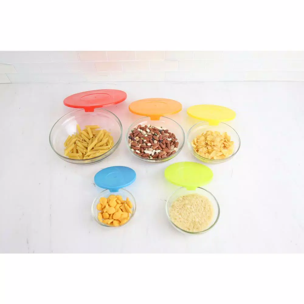 Home Basics 5-Piece Glass Bowl Set with Colorful Plastic Lids