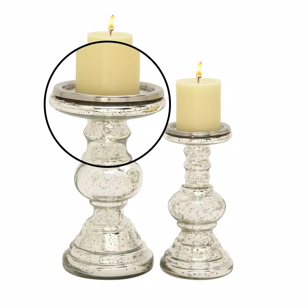 LITTON LANE Silver Glass Squat Ball Column Candle Holders, Set of 2