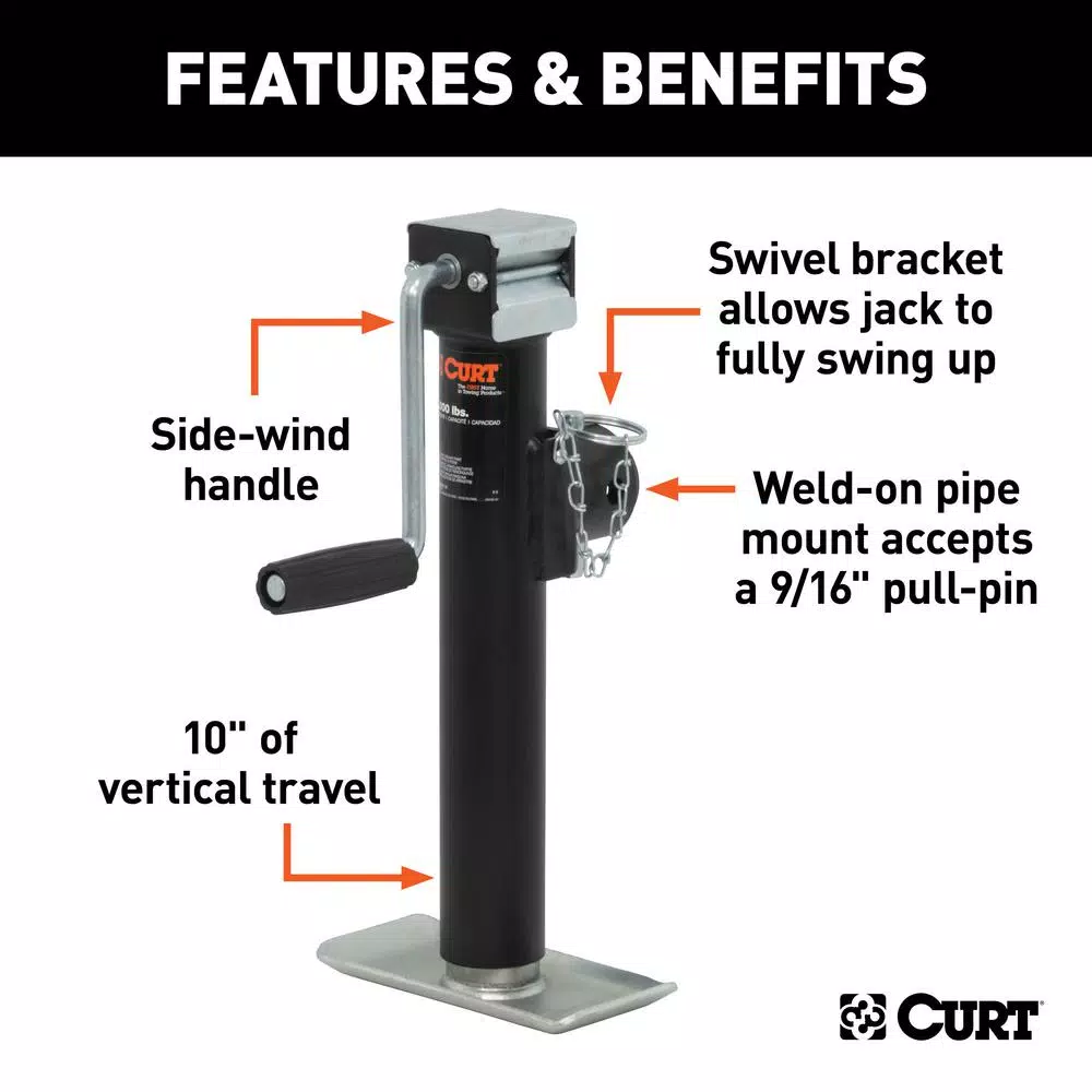 CURT Pipe-Mount Swivel Trailer Jack with Side Handle, 2,000 lbs. Capacity, 10 in. Travel