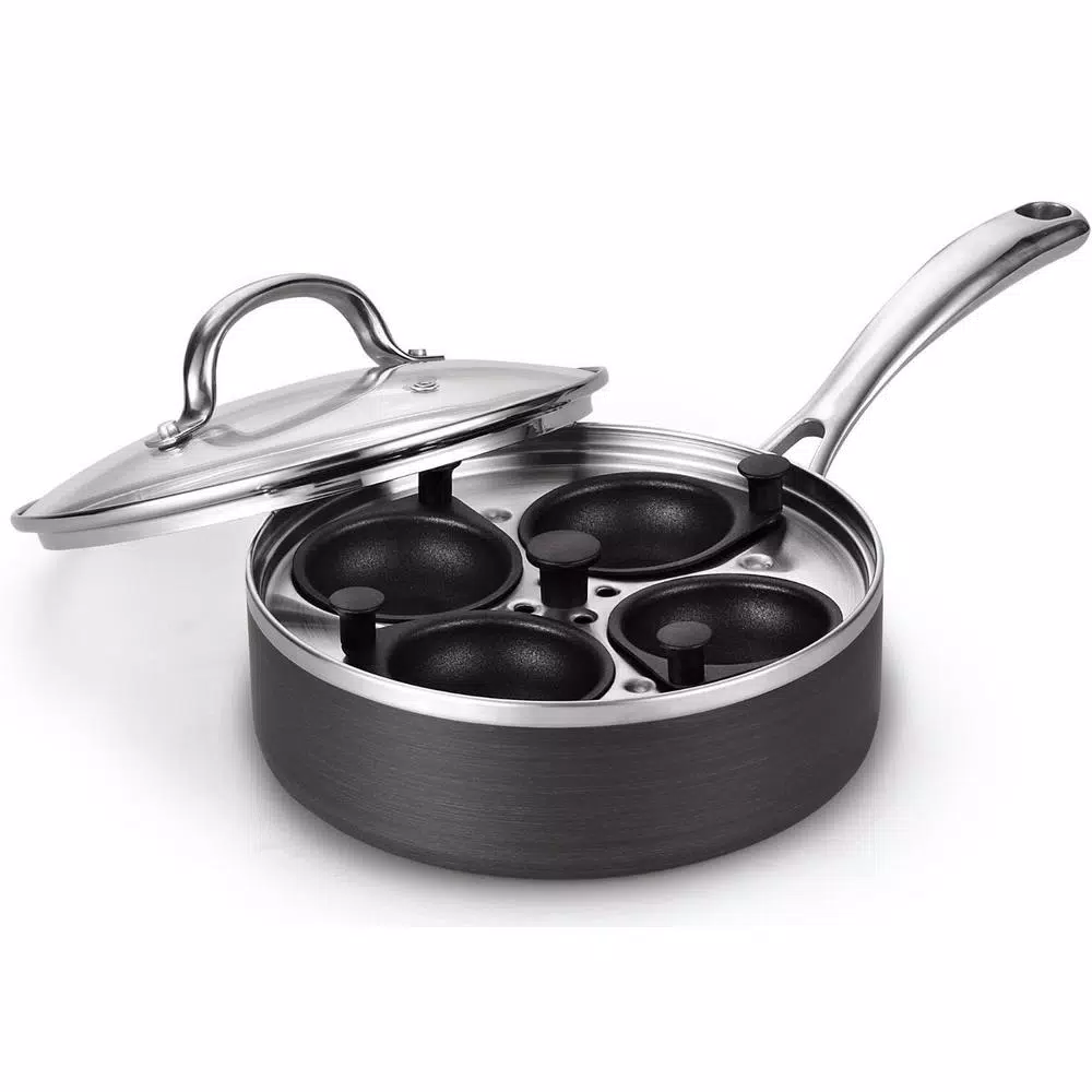 Cooks Standard 8 in. Hard Anodized Nonstick 4-Cup Egg Poacher Pan with Tempered Glass Lid