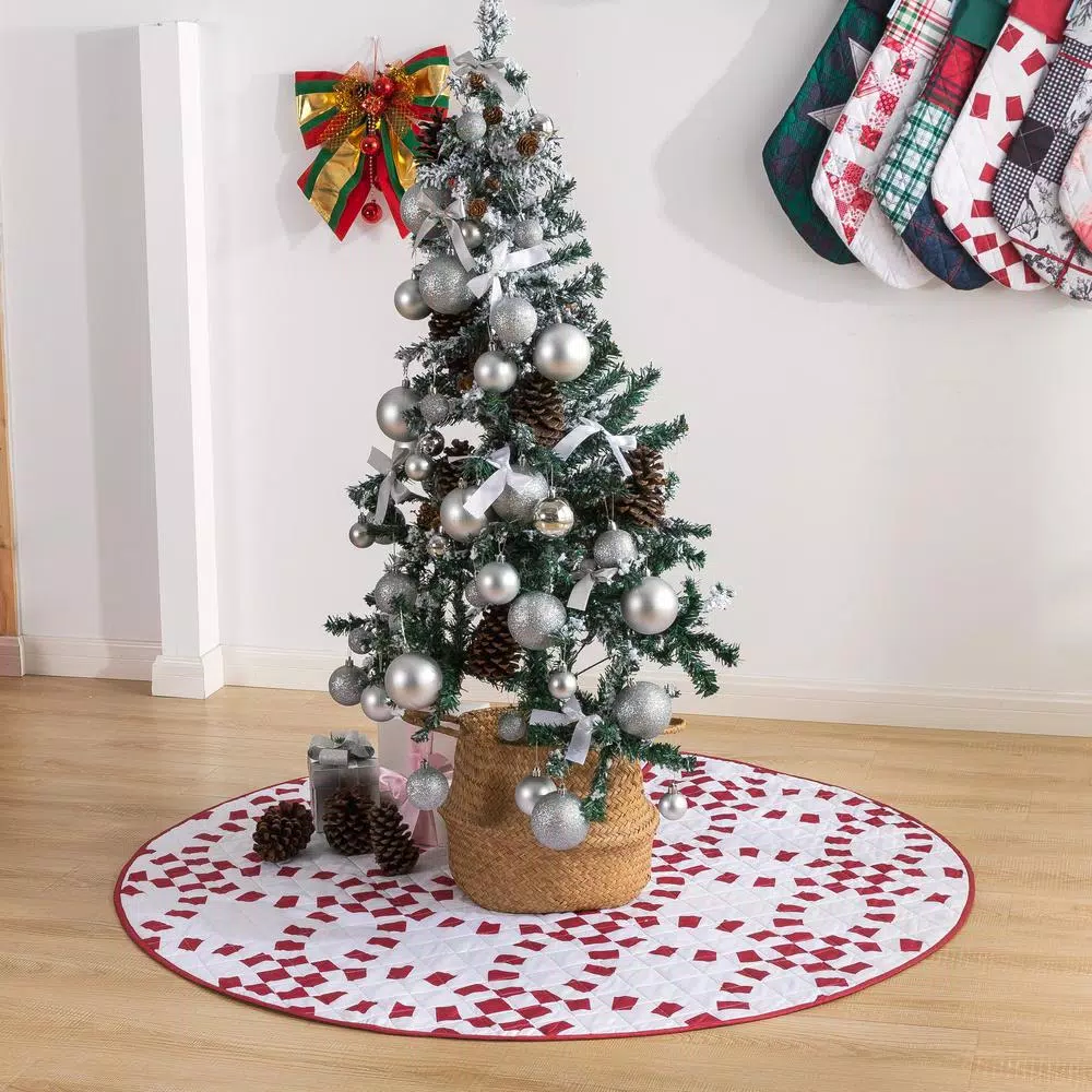 Country Living 48 in. Holiday Ring Quilted Tree Skirt, Red and White Candy Cane Microfiber