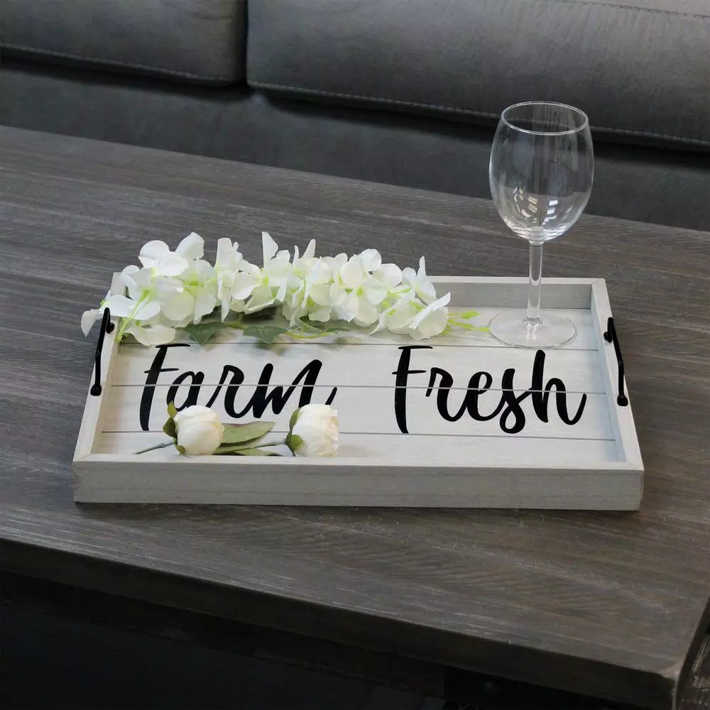 Elegant Designs Farm Fresh Gray Wash Decorative Wood Serving Tray with Black Metal Handles