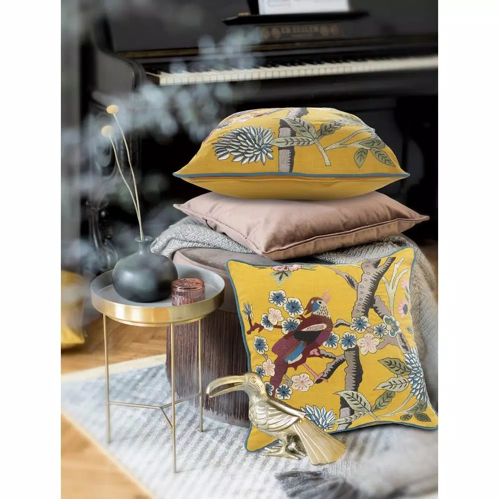 LR Home Scenic Yellow Floral Birds Throw Pillow - 20 x 20 in. Cotton Square Accent Pillow
