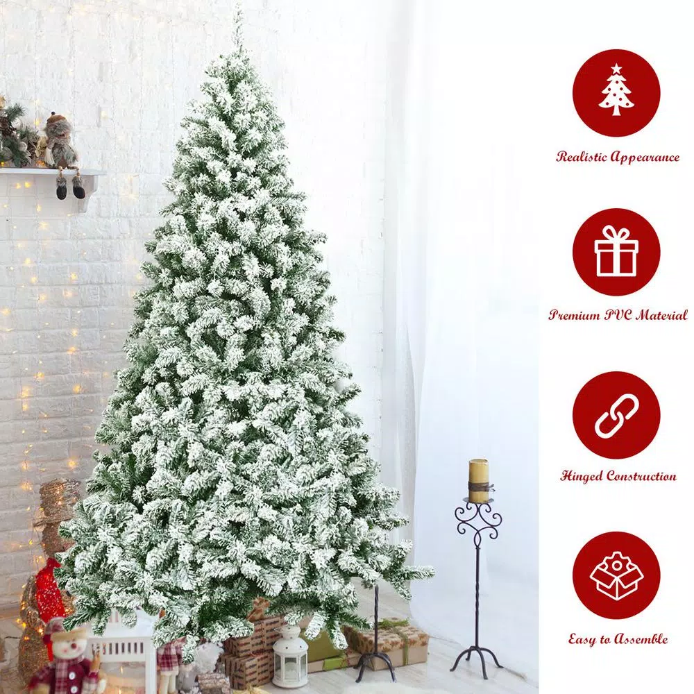 Costway 7.5 ft. Snow Flocked Hinged Pine Artificial Christmas Tree, 1346 Tips, Unlit