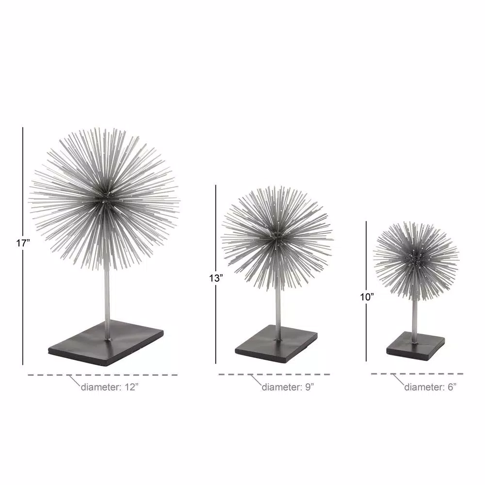 LITTON LANE Set of 3 Metal Starburst Sculptures with Stand - Silver and Black Iron Wire Decor