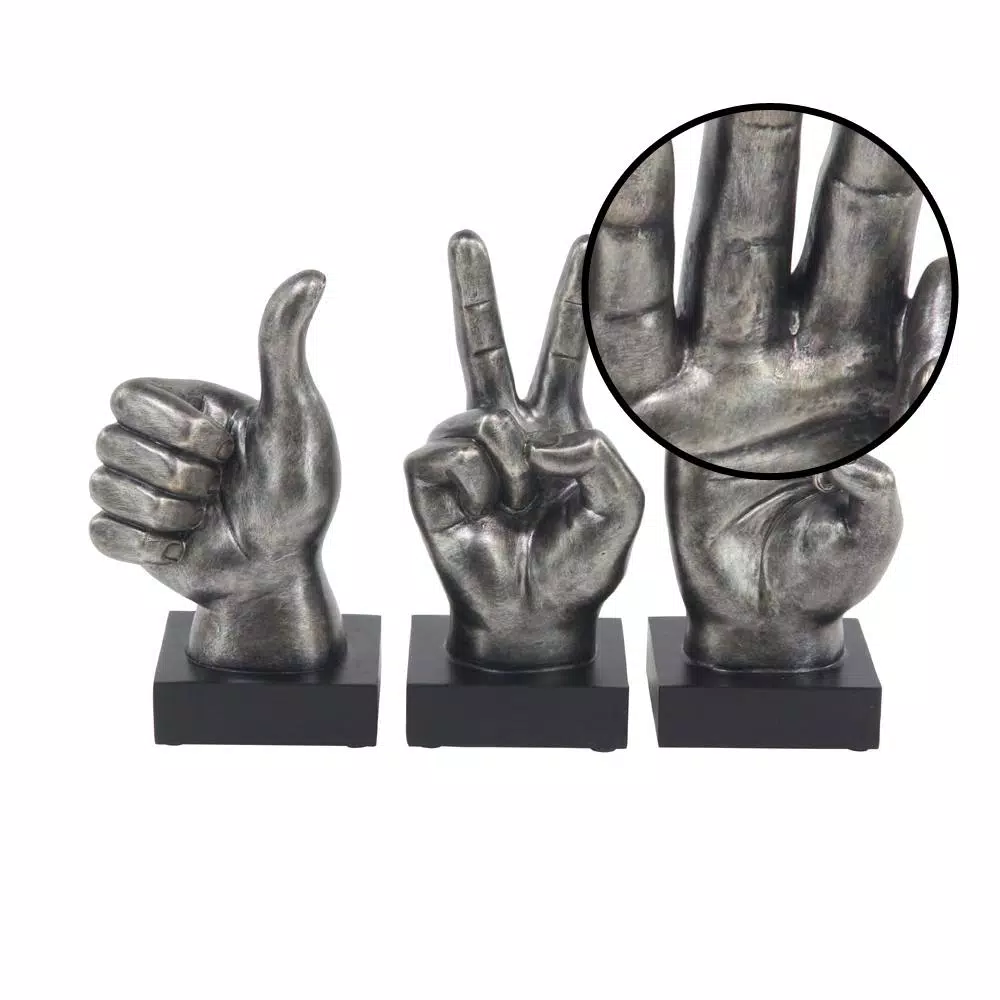 LITTON LANE Modern Reflections Hand Sign Polystone Sculpture Set, Silver Distressed Finish (Set of 3)
