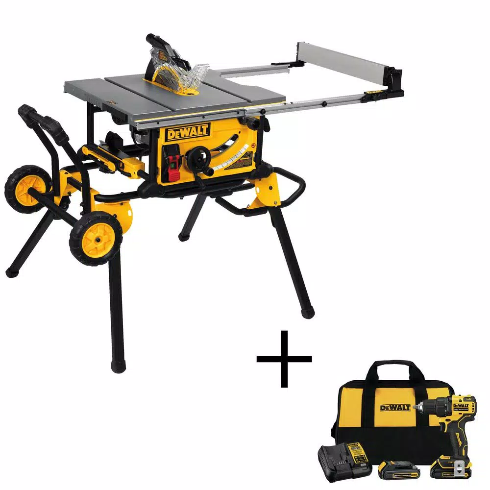 DEWALT 10 in. Job Site Table Saw with Rolling Stand & Bonus ATOMIC 20V MAX 1/2 in. Drill Driver Kit