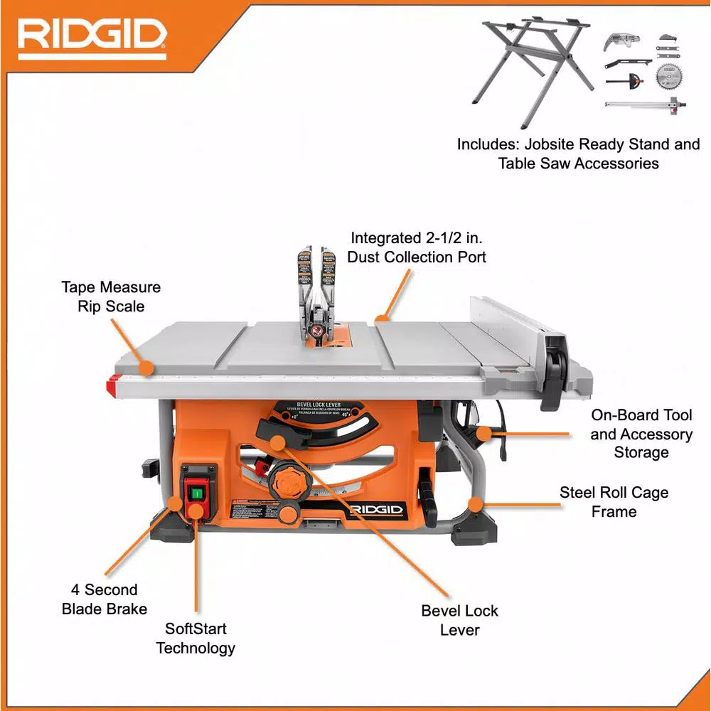 RIDGID 10 in. 15 Amp Table Saw with Folding Stand and SoftStart Technology