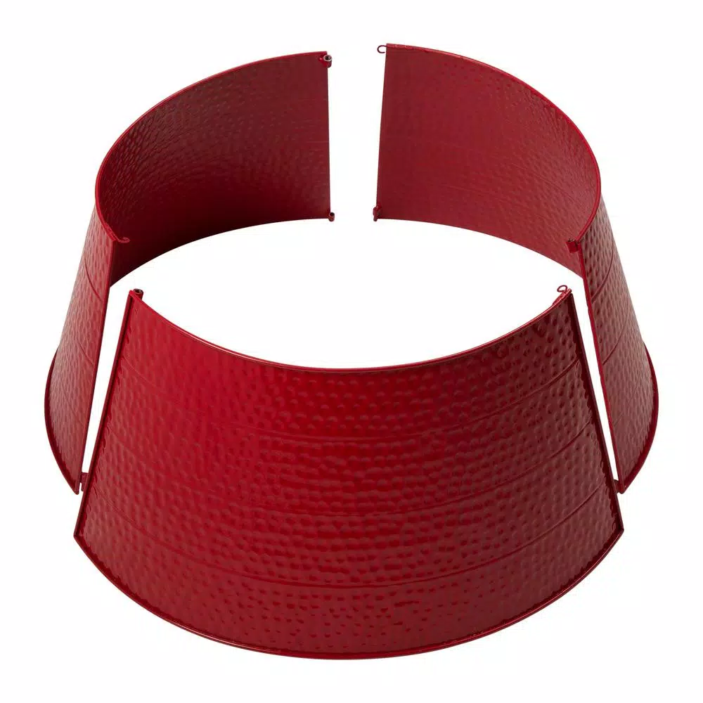 Glitzhome 26 in. Red Hammered Metal Tree Collar - Rustic Christmas Decor