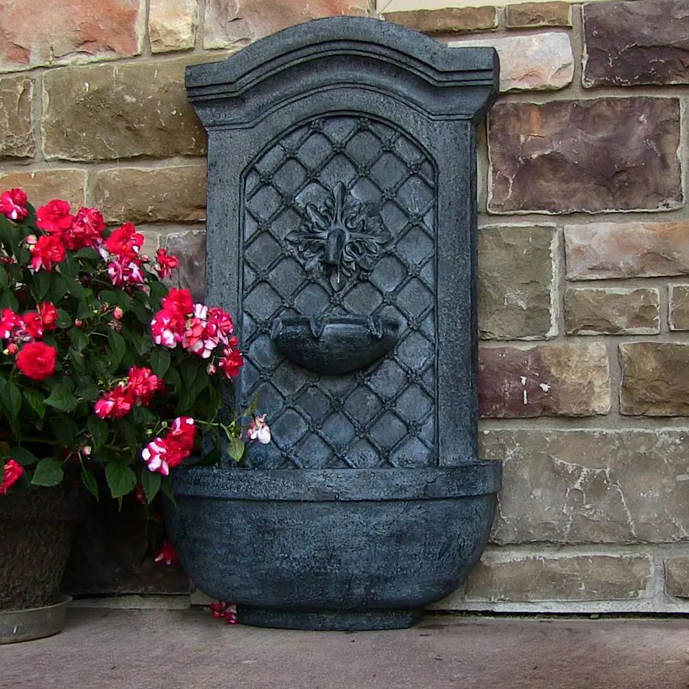 Sunnydaze Decor Rosette Resin Solar Outdoor Wall Fountain with Battery Backup and Lead Finish