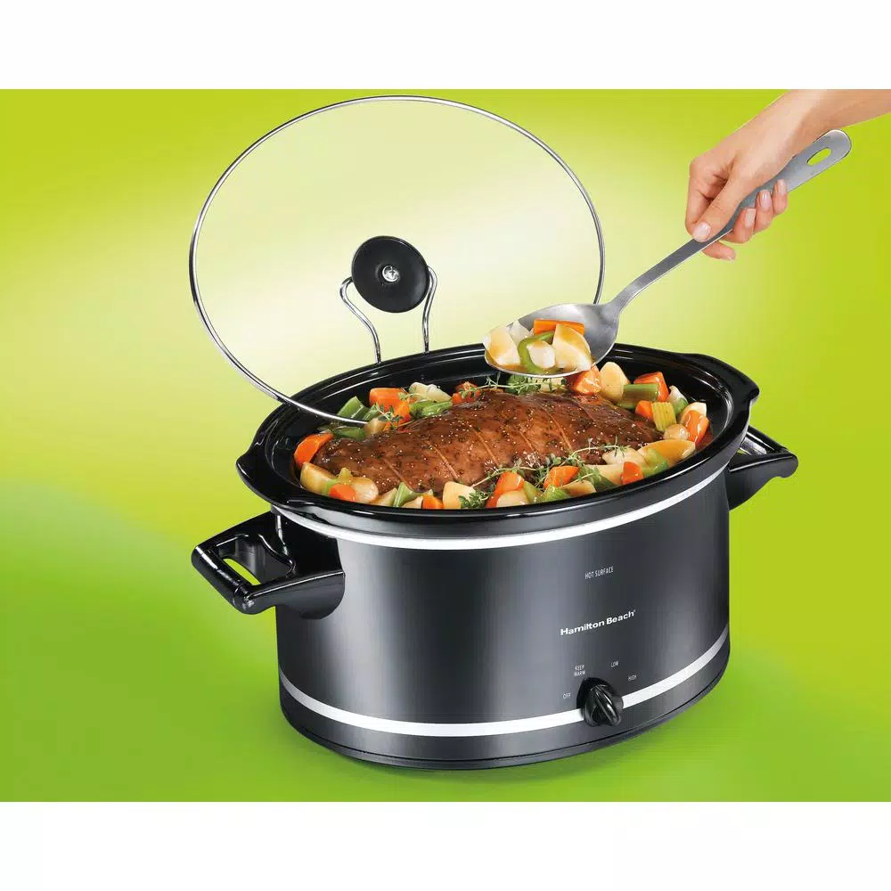 Hamilton Beach 8 Qt. Black Oval Slow Cooker with Glass Lid and Temperature Settings