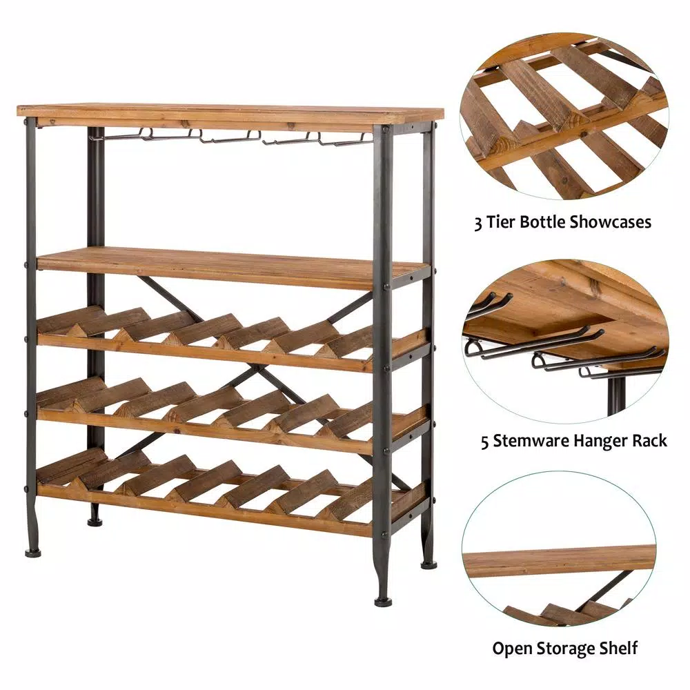 Glitzhome 34.25 in. Vintage Wood and Iron Wine Bottle and Glass Rack