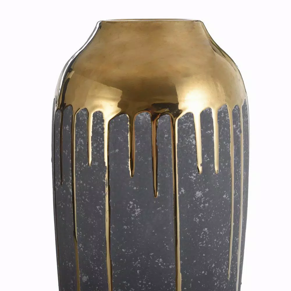 StyleCraft Marloe Charcoal and Gold Ceramic Table Vase, Contemporary Urn Shape