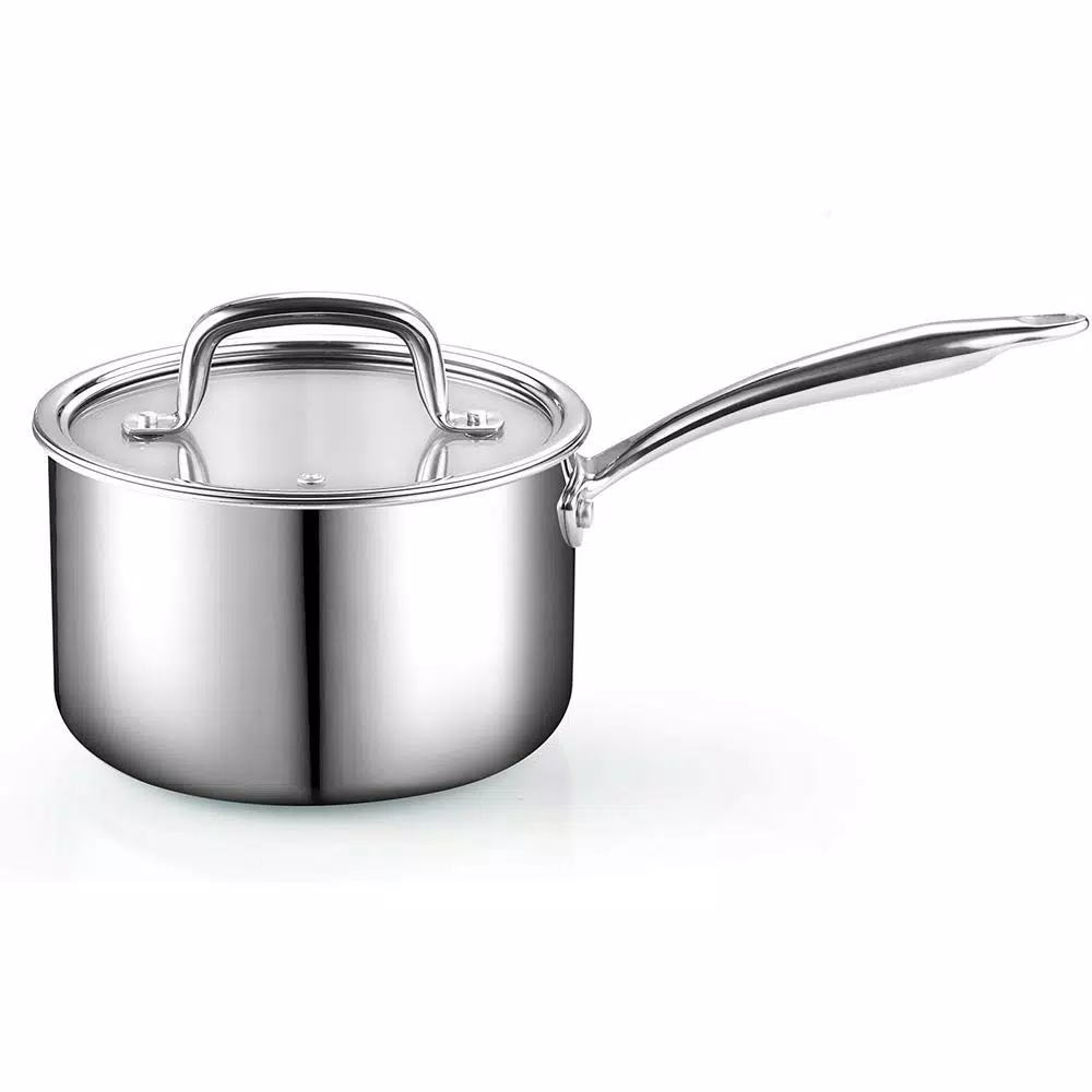 Cook N Home 3 qt. Tri-Ply Clad Stainless Steel Sauce Pan with Tempered Glass Lid