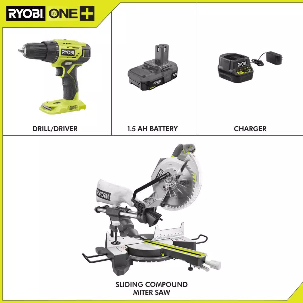 RYOBI 10 in. Sliding Compound Miter Saw and 18V ONE+ 1/2 in. Drill/Driver Kit