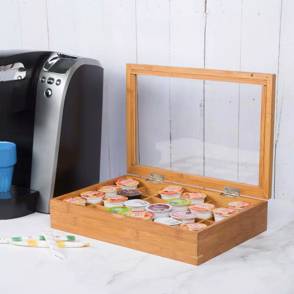 Creative Home Natural Bamboo Single Serve Coffee Pod Holder with Acrylic Cover, Holds 24 Pods