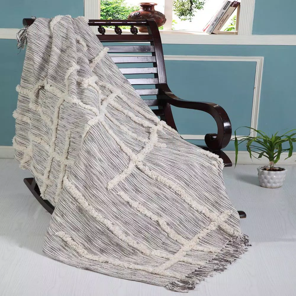 LR Resources Linework 50 in. x 60 in. Gray and Natural Abstract Tufted Cotton Throw Blanket