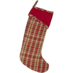 VHC Brands Claren 20 in. Rustic Plaid Christmas Stocking - Cherry Red, Green, and Tan with Gold Thread thumbnail 1