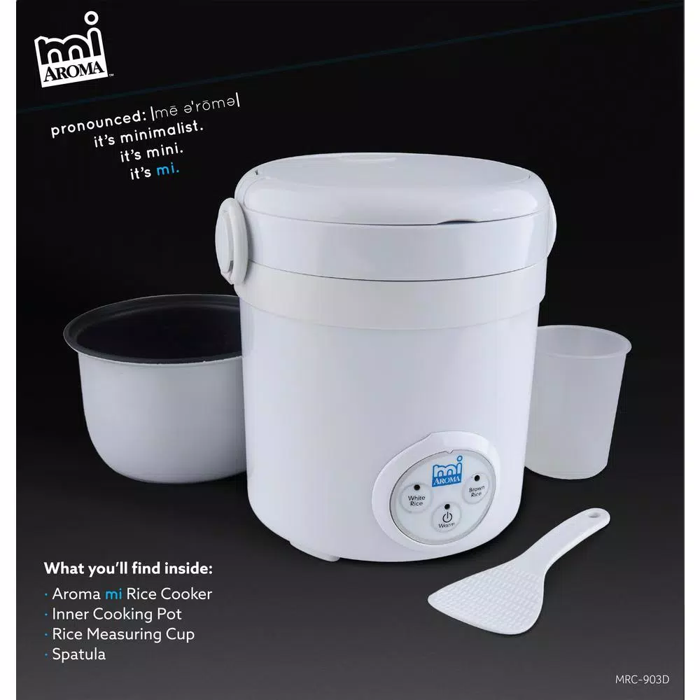 Aroma 3-Cup Mini Rice Cooker with Non-Stick Pot, White