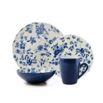 Thomson Pottery Laura Blue 16-Piece Stoneware Dinnerware Set - Old English Rose Design, Service for 4 thumbnail 1