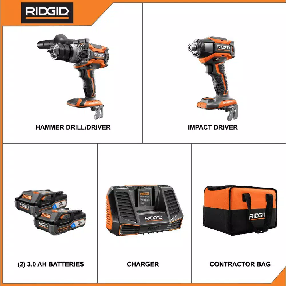 RIDGID 18V OCTANE Brushless Cordless 2-Tool Combo Kit with Hammer Drill & Impact Driver