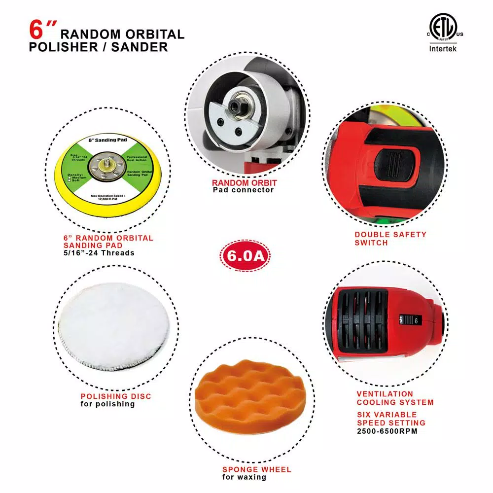 Boyel Living 6 in. Corded Orbital Sander and Polisher, 6 Amp, 6-Speed Variable RPM, 2500-6500 RPM