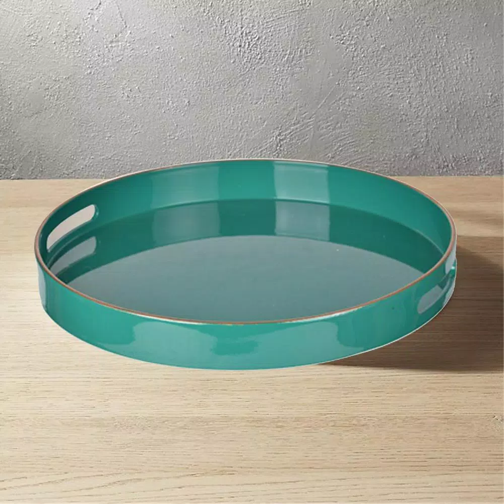 Benzara Modern Green Round Serving Tray with Cutout Handles, 14.57 inch Plastic Multipurpose Tray