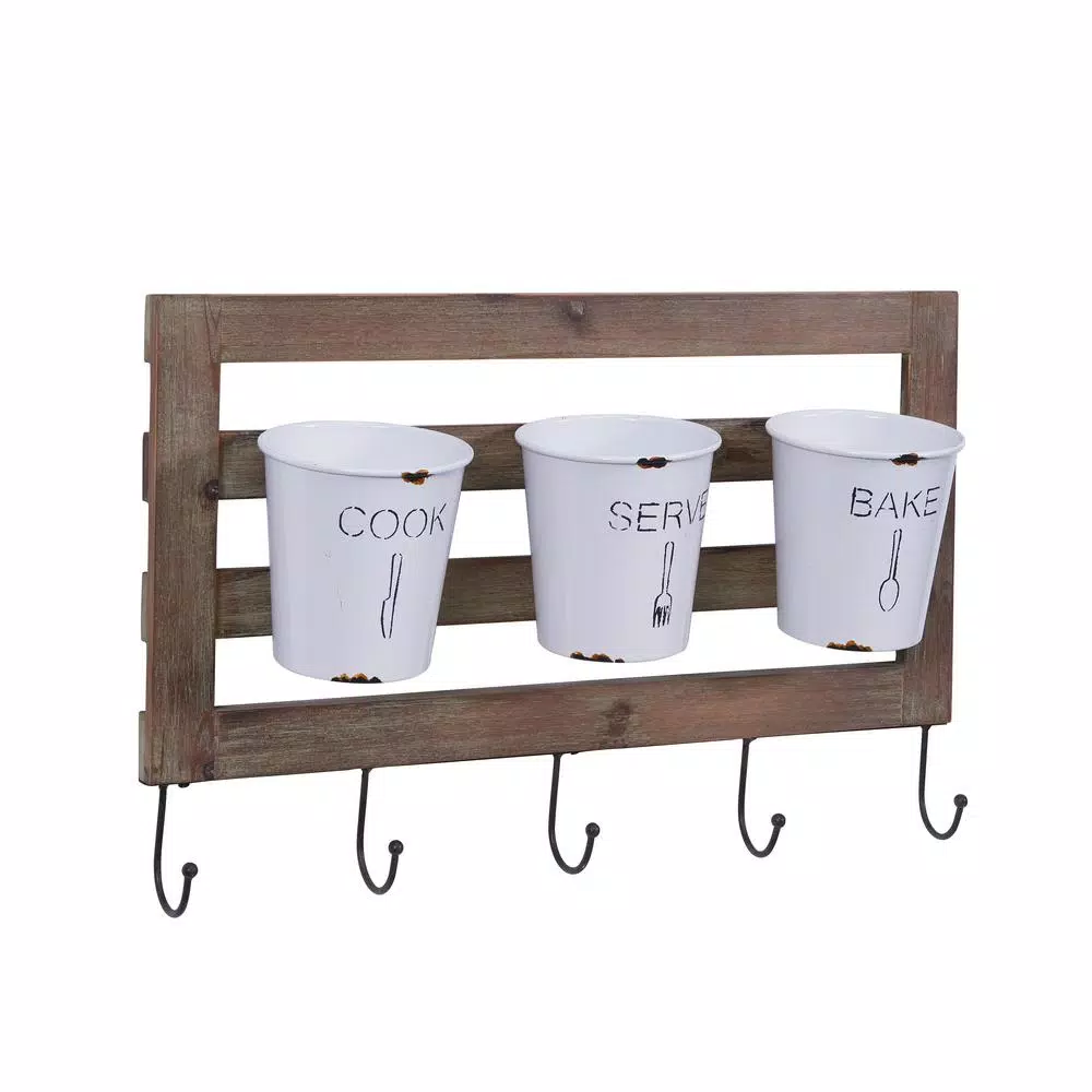 DANYA B DANAYA B. FHB2605 Rustic Hanging Utensil Caddy with 3 Tin Buckets and 5 Hooks