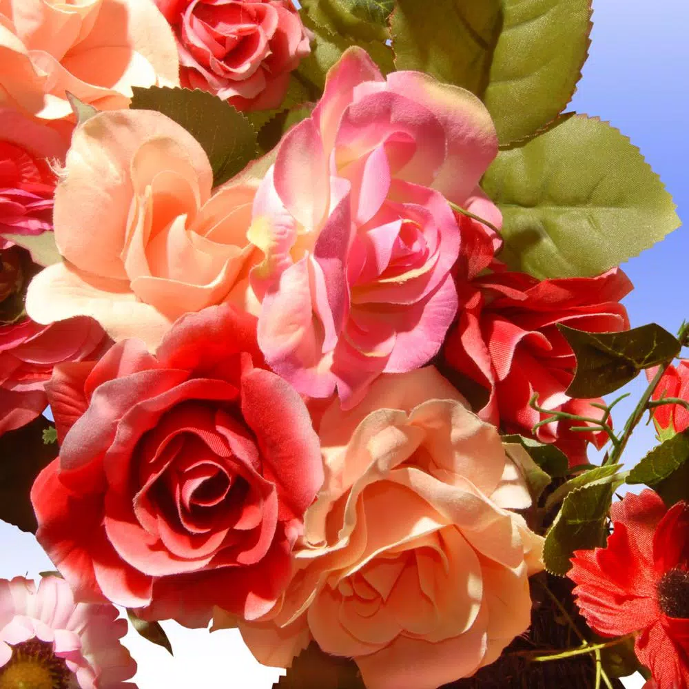 National Tree Company 32 in. Mixed Rose and Dahlia Spring Wreath - Red, Pink, and Cream Floral Decor