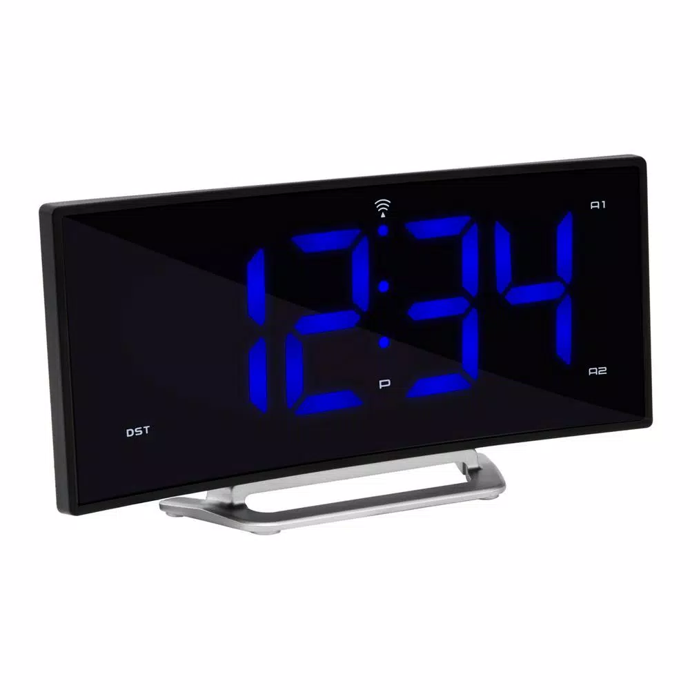 La Crosse Technology 1.8 in. Curved Blue LED Atomic Dual Alarm Clock with USB Charging Port