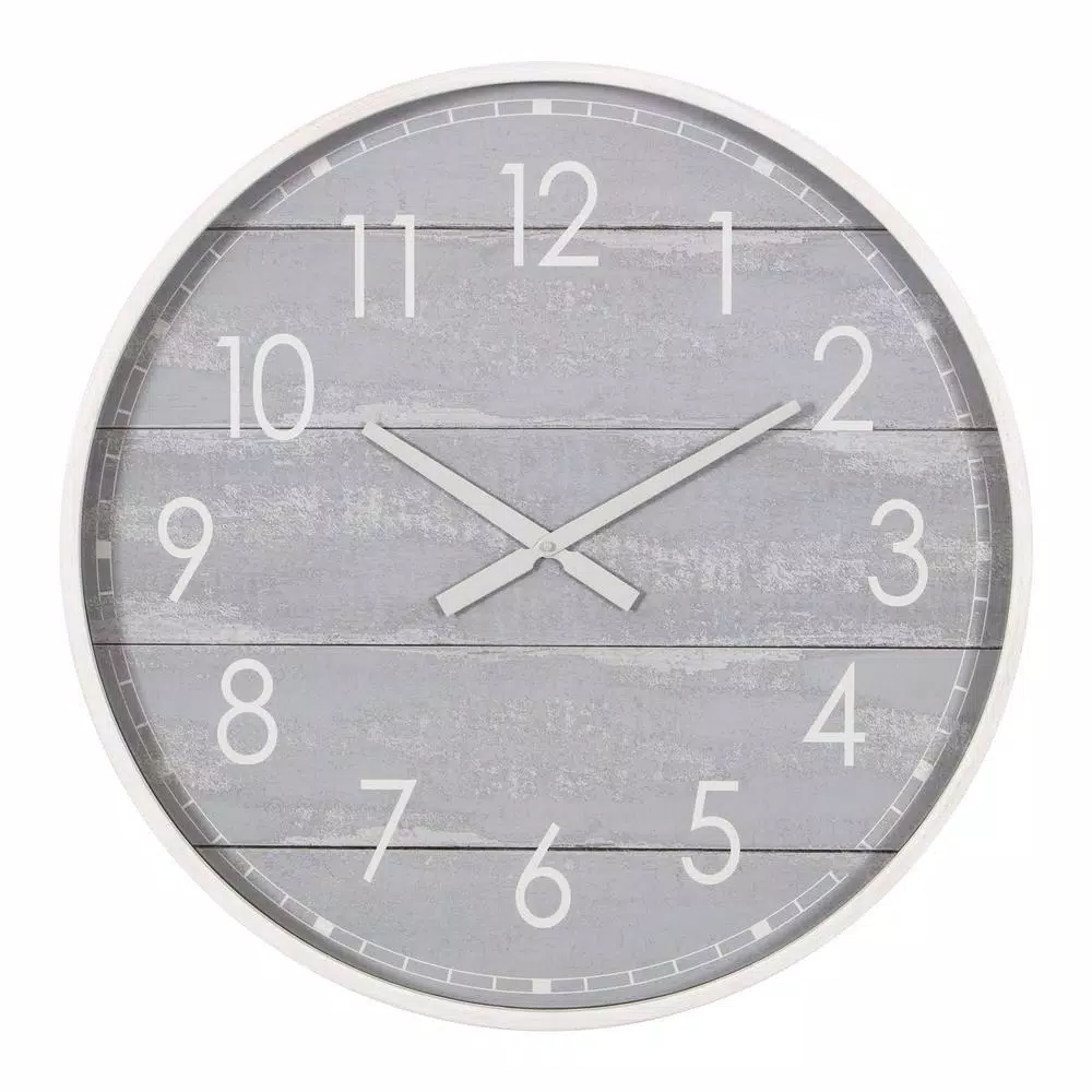 Pinnacle 28 in. Gray Washed Wood Plank Round Wall Clock - Rustic Farmhouse Decor